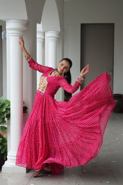 Rang Raas Mirror Work And  Bandhani  Printed Flared Navratri Gown Set