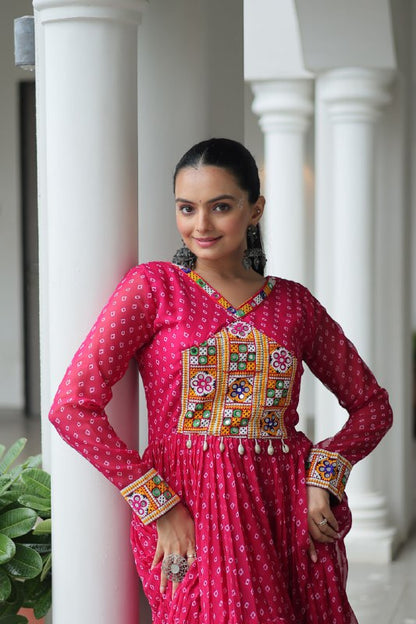 Rang Raas Mirror Work And  Bandhani  Printed Flared Navratri Gown Set