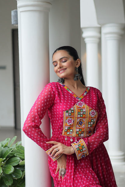 Rang Raas Mirror Work And  Bandhani  Printed Flared Navratri Gown Set