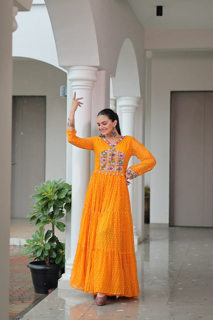 Rang Raas Mirror Work And  Bandhani  Printed Flared Navratri Gown Set