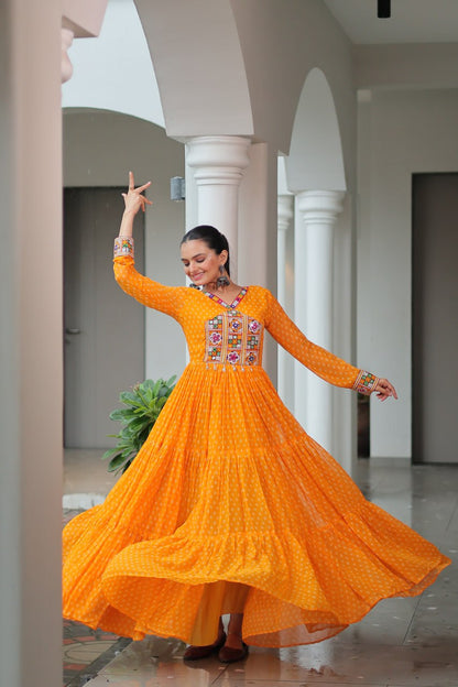 Rang Raas Mirror Work And  Bandhani  Printed Flared Navratri Gown Set