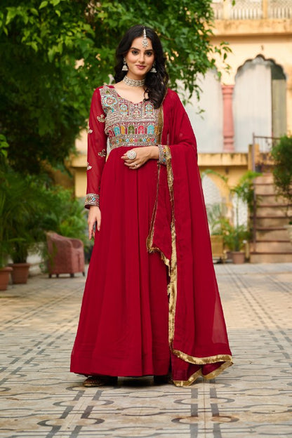 Royal Charm Maroon & Teal with Hand Embroidery Gown Set