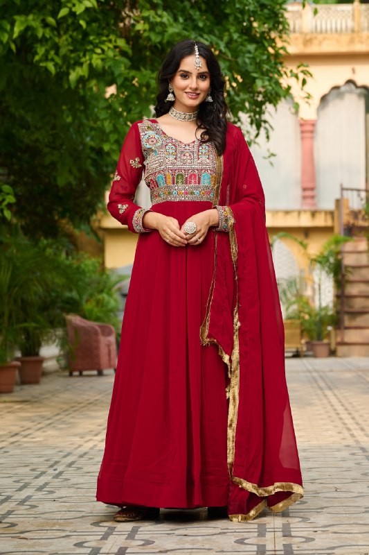 Royal Charm Maroon & Teal with Hand Embroidery Gown Set