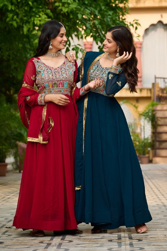Royal Charm Maroon & Teal with Hand Embroidery Gown Set