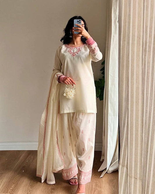 Sonakshi  Graceful Cream  with Pink Detailing  Kurta  Set