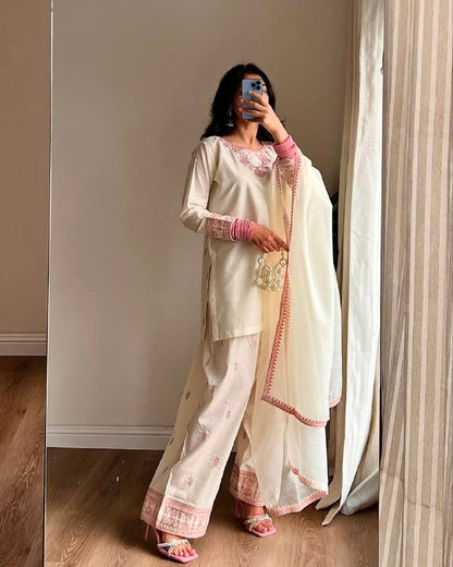 Sonakshi  Graceful Cream  with Pink Detailing  Kurta  Set