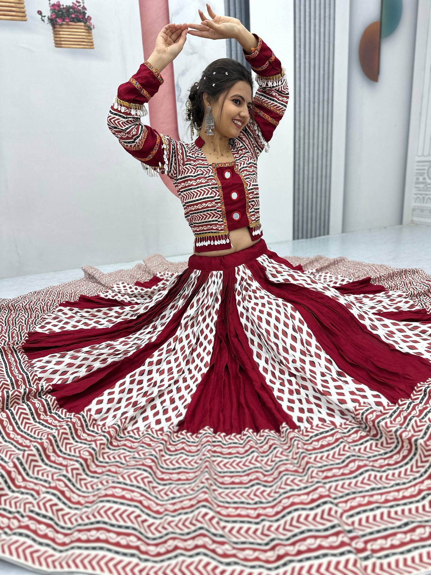 Maroon Melody Ajarakh Print   Navratri Lehenga Set