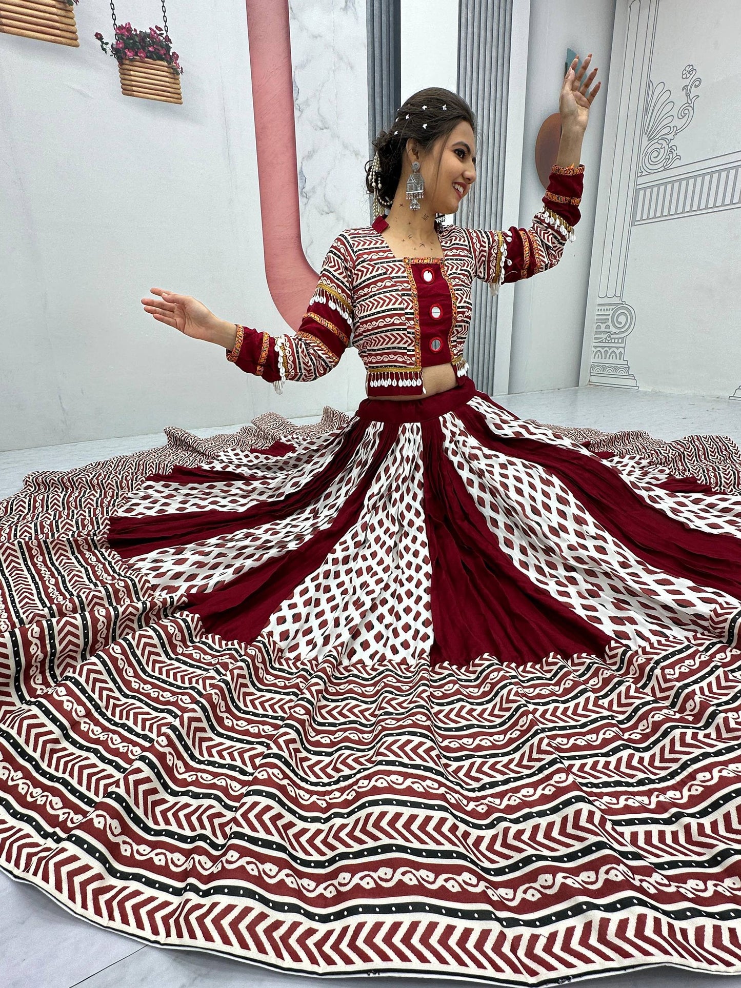 Maroon Melody Ajarakh Print   Navratri Lehenga Set