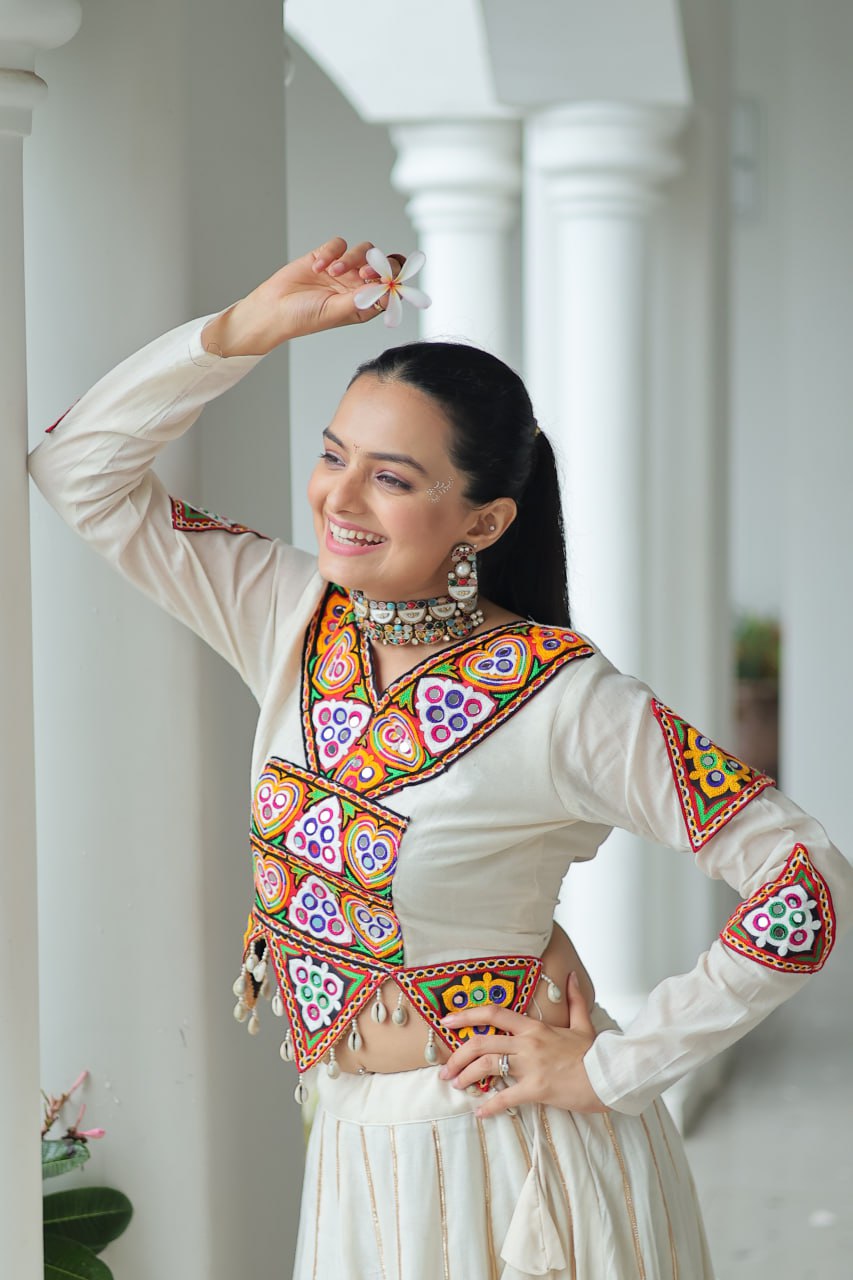 Vibrant Kutchi Work  Jacket Classic White Lehenga   Set