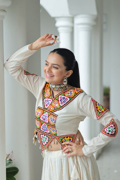 Vibrant Kutchi Work  Jacket Classic White Lehenga   Set