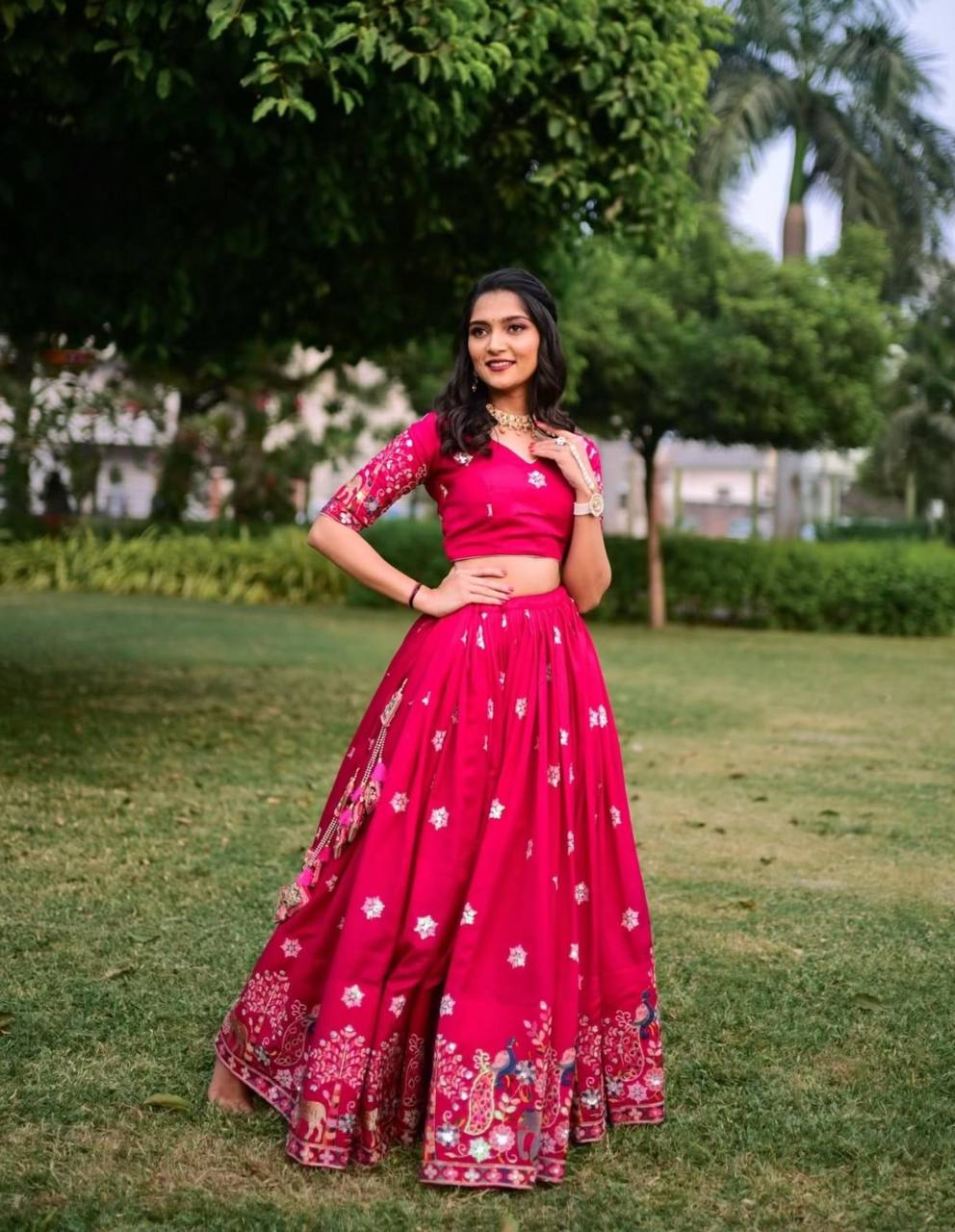 parisha pink Chinon lehenga choli set