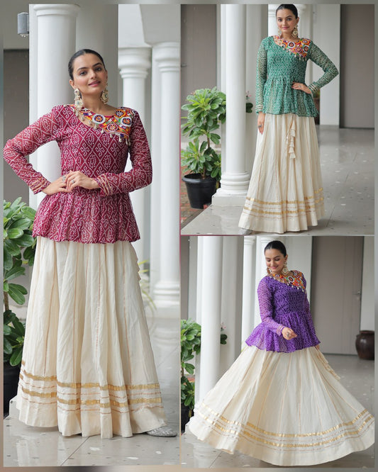 Devika’s Traditional  Bandhani Print  WIth  Mirror Neckline  Cream Flared Lehenga