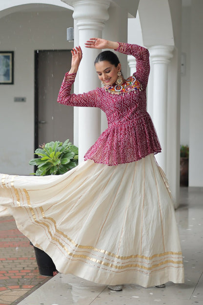 Devika’s Traditional  Bandhani Print  WIth  Mirror Neckline  Cream Flared Lehenga