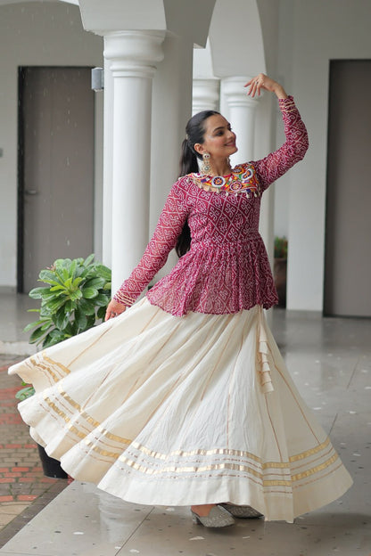 Devika’s Traditional  Bandhani Print  WIth  Mirror Neckline  Cream Flared Lehenga