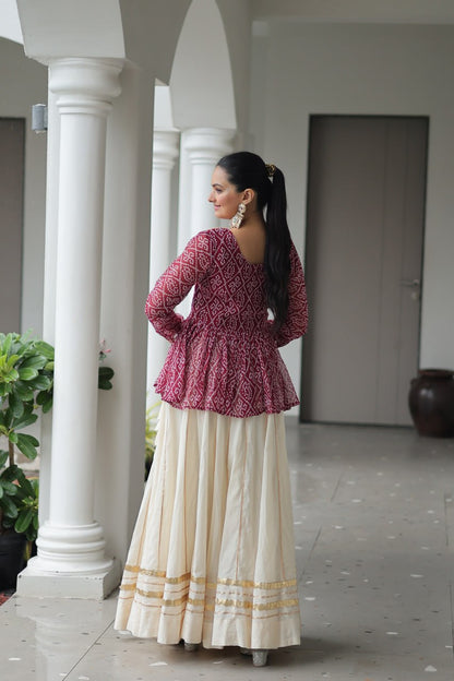 Devika’s Traditional  Bandhani Print  WIth  Mirror Neckline  Cream Flared Lehenga