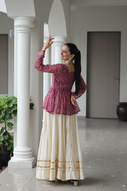 Devika’s Traditional  Bandhani Print  WIth  Mirror Neckline  Cream Flared Lehenga