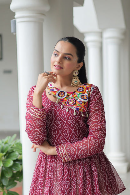 Devika’s Traditional  Bandhani Print  WIth  Mirror Neckline  Cream Flared Lehenga