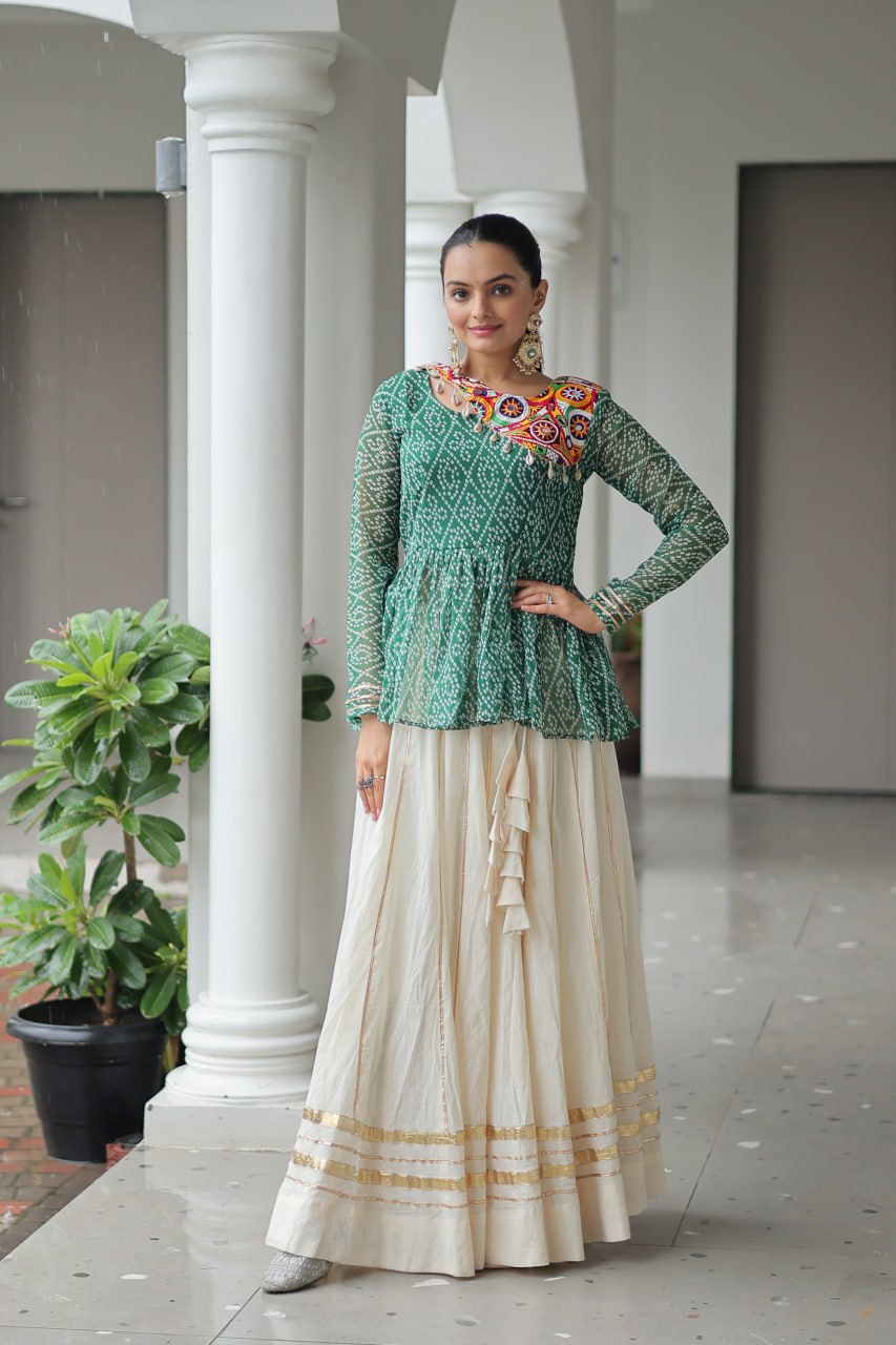 Devika’s Traditional  Bandhani Print  WIth  Mirror Neckline  Cream Flared Lehenga