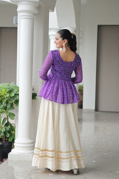 Devika’s Traditional  Bandhani Print  WIth  Mirror Neckline  Cream Flared Lehenga