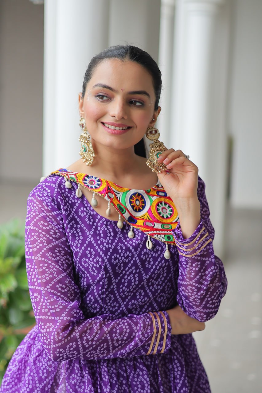 Devika’s Traditional  Bandhani Print  WIth  Mirror Neckline  Cream Flared Lehenga