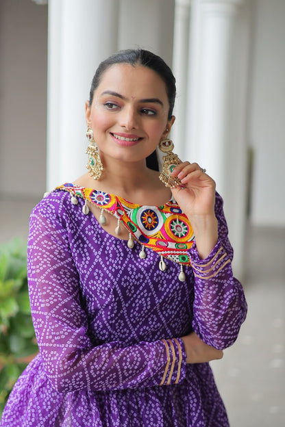 Devika’s Traditional  Bandhani Print  WIth  Mirror Neckline  Cream Flared Lehenga