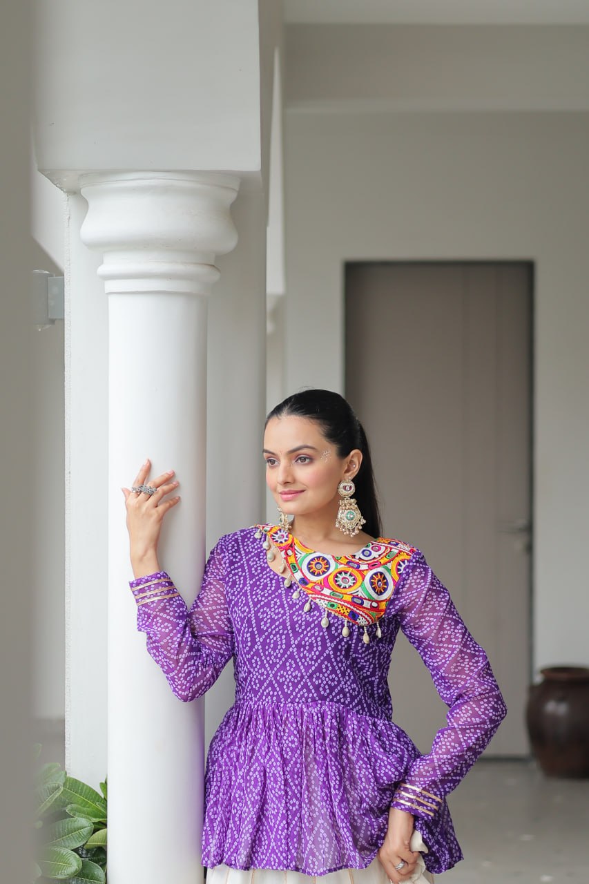 Devika’s Traditional  Bandhani Print  WIth  Mirror Neckline  Cream Flared Lehenga