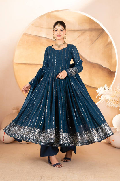 Neelika Shine Foil Print in Royal Blue Anarkali Set
