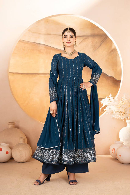 Neelika Shine Foil Print in Royal Blue Anarkali Set