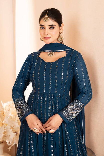 Neelika Shine Foil Print in Royal Blue Anarkali Set