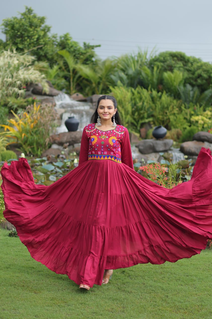 Navratri Glow Maroon Mirror Magic Gown