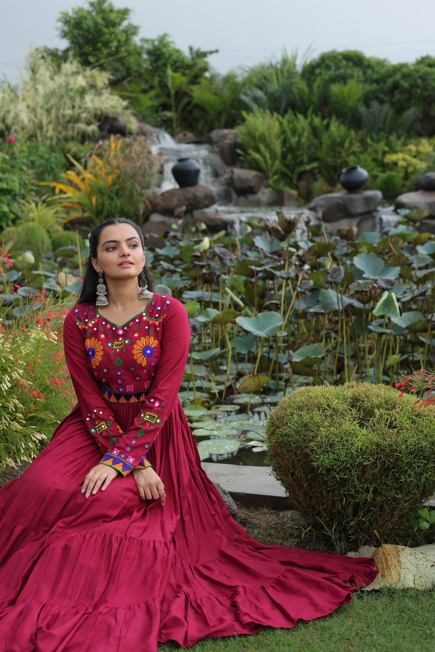 Navratri Glow Maroon Mirror Magic Gown