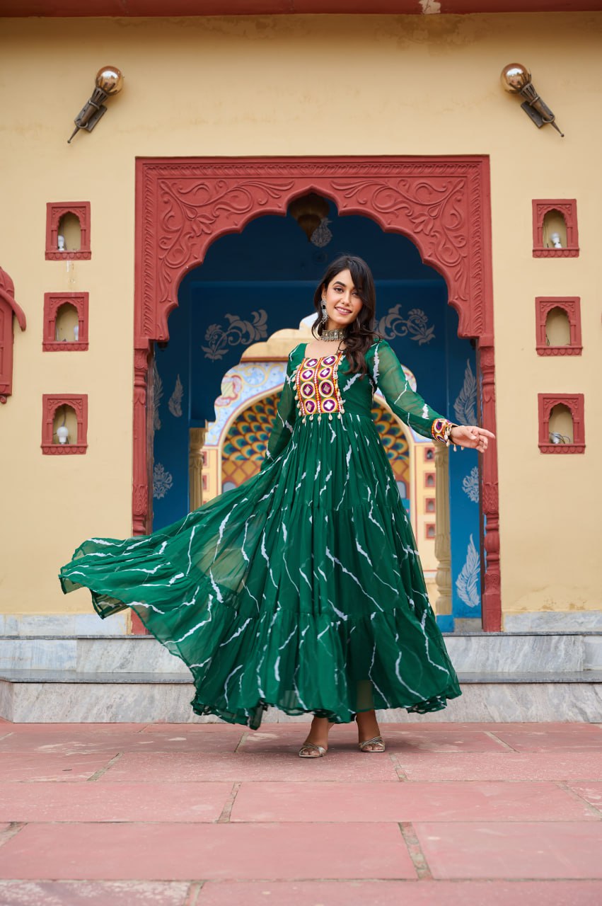 Rangtaari Bandhani Mirror Work Trio Gown
