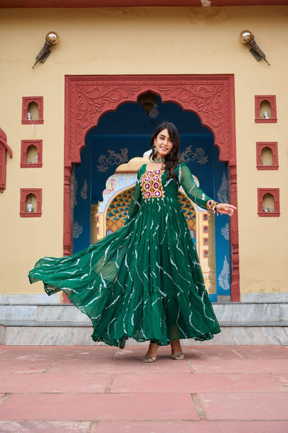 Rangtaari Bandhani Mirror Work Trio Gown