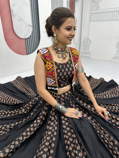 Meera Black Mirrorwork With Kutch Jacket Navratri Lehenga Set