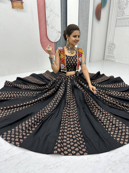 Meera Black Mirrorwork With Kutch Jacket Navratri Lehenga Set