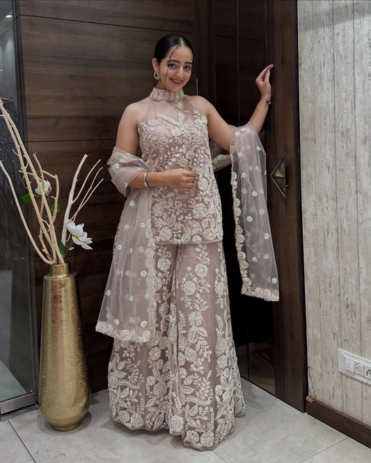 Sitas Exquisite Net Fabric with Dori Work, Sequins And White Cutdana