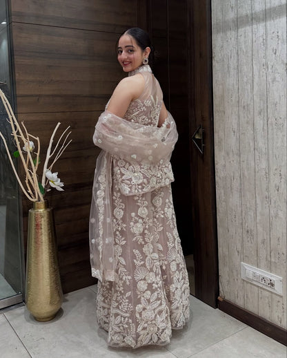 Sitas Exquisite Net Fabric with Dori Work, Sequins And White Cutdana
