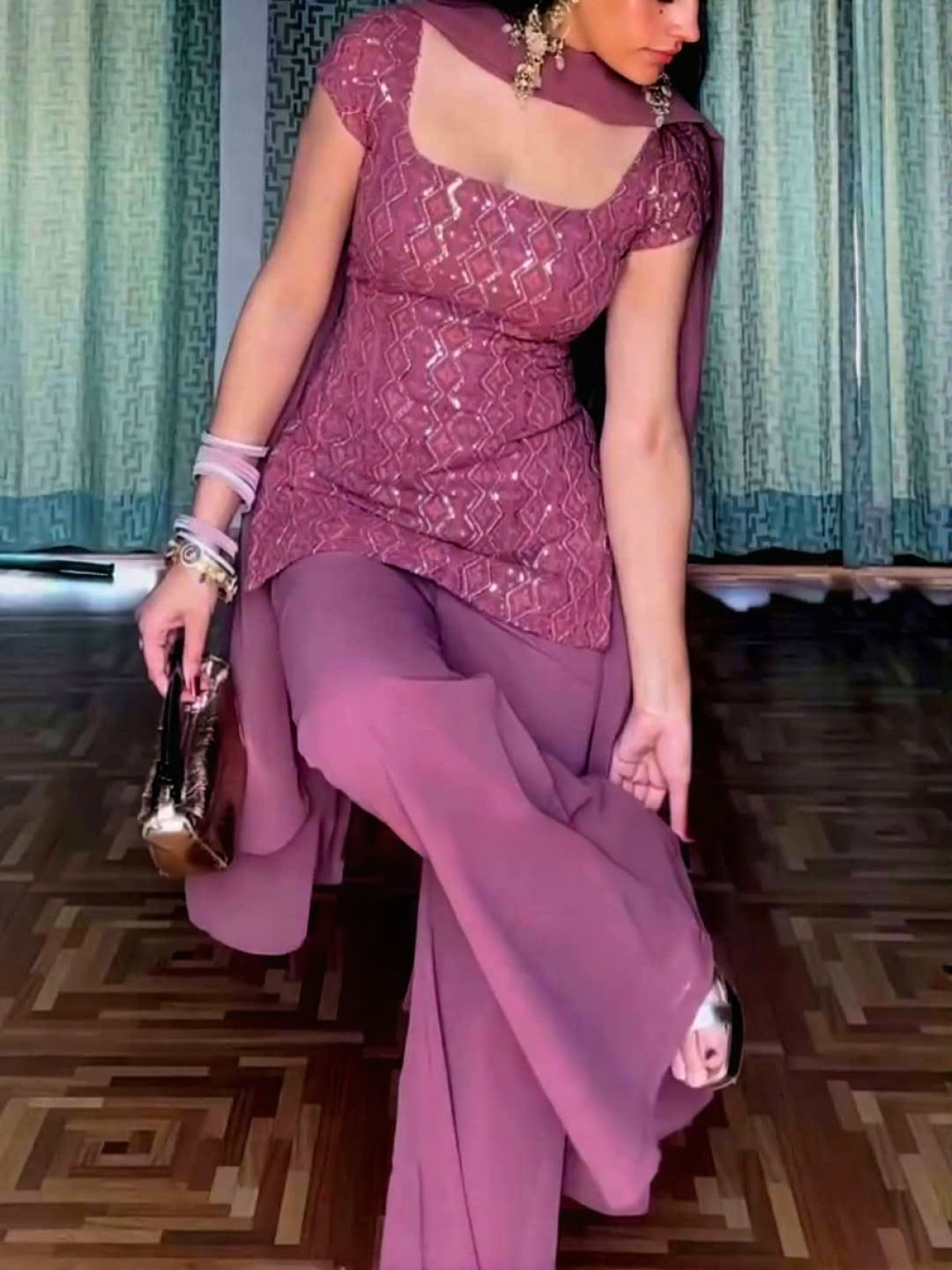 Zareen Mauve Retro Luxe Embroidered Suit Set