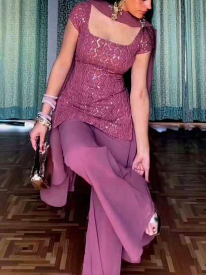 Zareen Mauve Retro Luxe Embroidered Suit Set