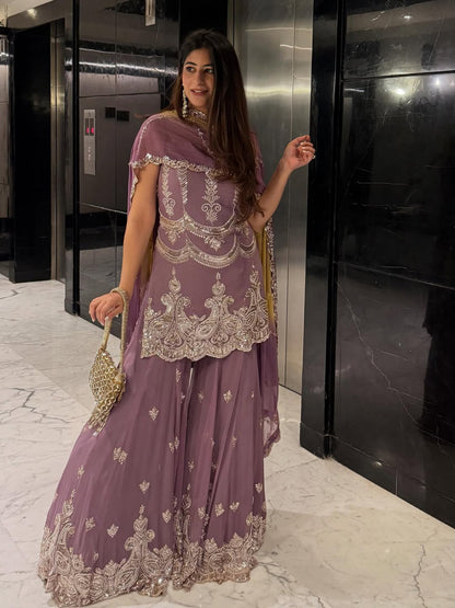 Royal Lilac Embroidered Sharara Set with Dupatta