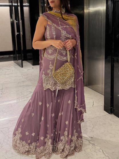Royal Lilac Embroidered Sharara Set with Dupatta