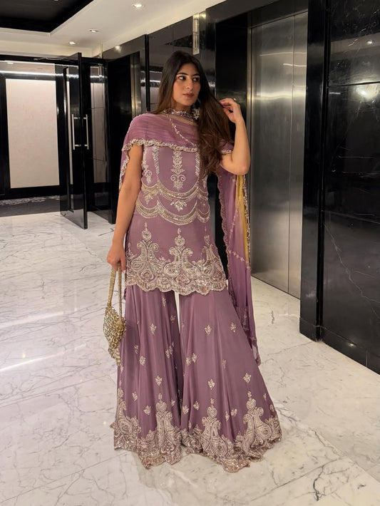 Royal Lilac Embroidered Sharara Set with Dupatta