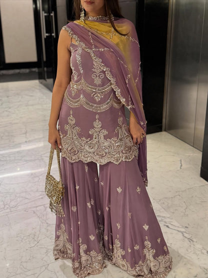 Royal Lilac Embroidered Sharara Set with Dupatta