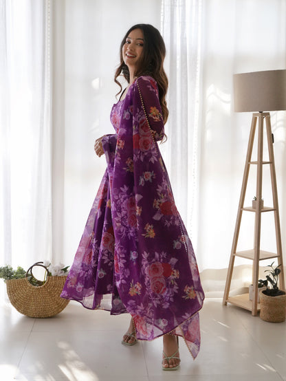 New Purple Colour Flower Print Gown Design NKB-20