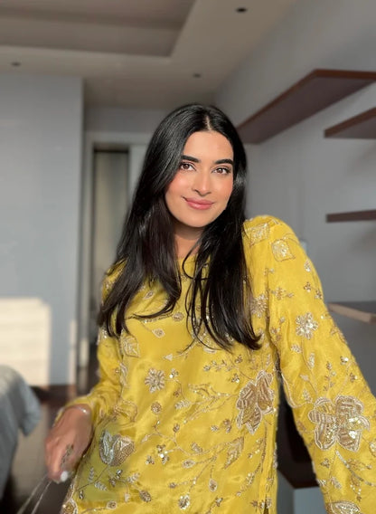 Nazakat Yellow Premium Handwork Short Kurti with Pants