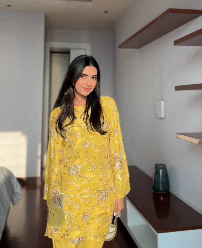 Nazakat Yellow Premium Handwork Short Kurti with Pants