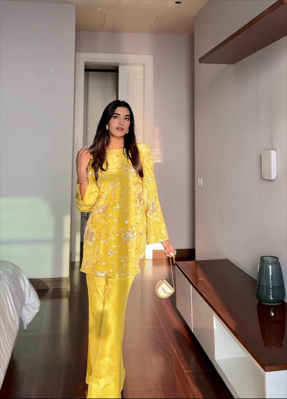 Nazakat Yellow Premium Handwork Short Kurti with Pants