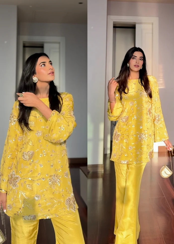 Nazakat Yellow Premium Handwork Short Kurti with Pants