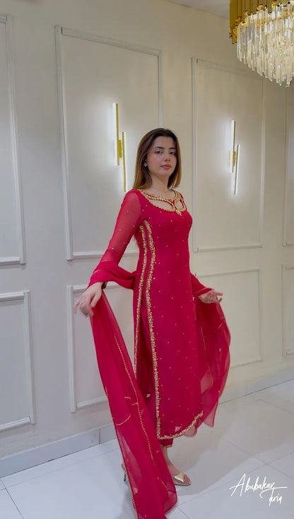 Ruby Long Hand Embellshed Kurta With Trouser And Dupataa