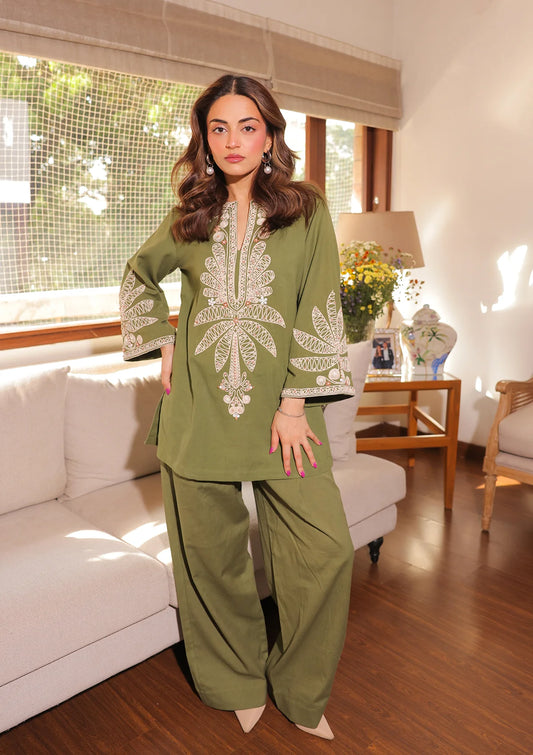 Olive Green Embroidered Co-ord Set